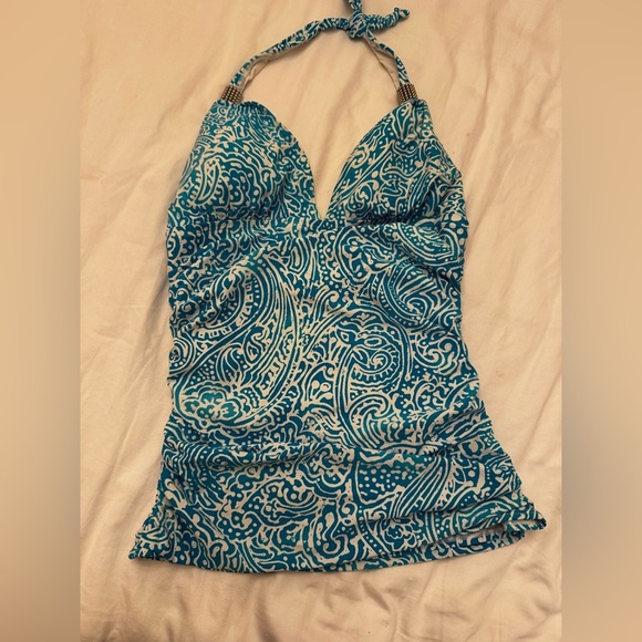 Carmen Marc Valvo Halter Tankini Swim Top Lapis Blue Paisley Print Size M NWT - Picture 2 of 4
